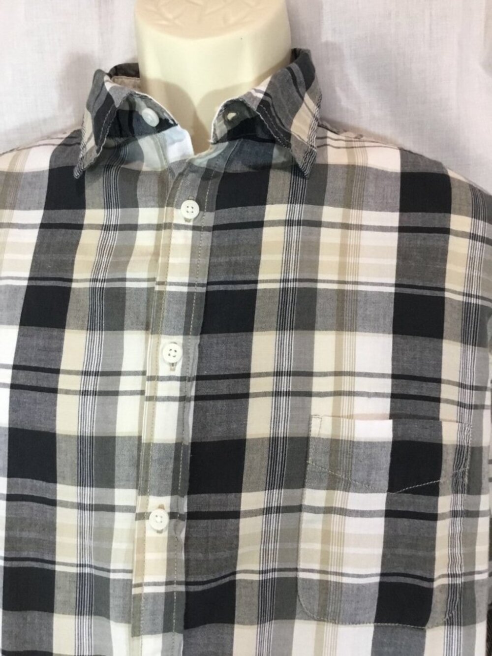 90 Grunge Button Down Shirt Mens L Neutral Gray Plaid Tailored Fit Cabincore VTG - Picture 5 of 12